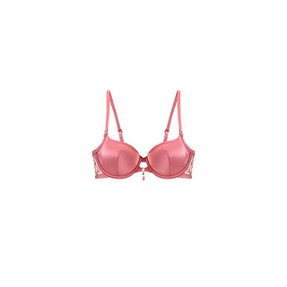 A pink satin bralette with thin adjustable shoulder straps, a center front zipper, and delicate lace trim on the underwire cups, shown against a plain white background.