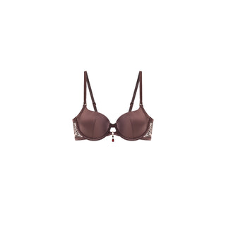A dark brown wireless bra with underwire cups and sheer lace side panels, shown against a plain white background.