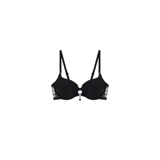 A black underwire bra with decorative lace trim on the cups and a small hanging charm at the center front, shown against a plain white background.