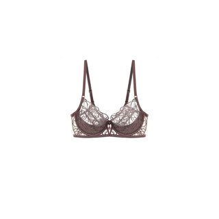 A brown lace underwire bra with adjustable shoulder straps, displayed against a solid white background.