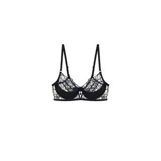 Black lace underwire bra with adjustable shoulder straps, shown flat against a solid white background.