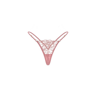 A dusty pink lace thong with thin adjustable straps and a sheer floral lace overlay, shown against a plain white background.