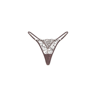 Brown lace thong with a solid brown fabric pouch and matching straps, shown against a plain white background.