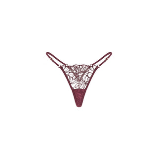 A pair of burgundy lace thong panties with thin adjustable straps, shown flat against a solid white background.