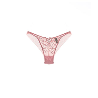 A pair of light pink sheer mesh thong panties with a floral lace overlay and a central hook-and-loop closure, displayed flat against a solid white background.