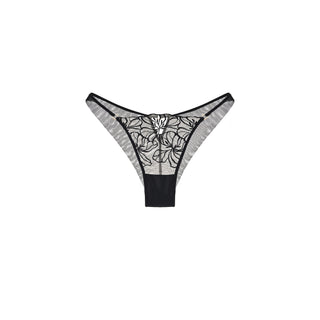 Black lace thong panties with a sheer floral lace pattern on a white background, shown flat against a solid white backdrop.