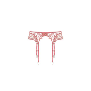 A pink lace garter belt with attached three-length straps and clear crystal tips, shown against a plain white background.