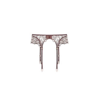 A brown lace garter belt with attached suspenders and gold-tone metal hardware, shown against a plain white background.