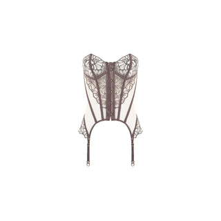 A structured white and brown lace corset with matching garter straps, shown flat against a solid white background.