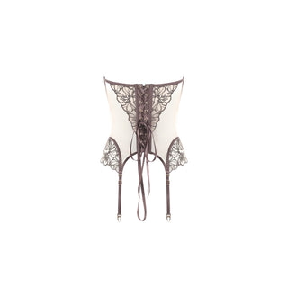 A structured white corset-style garter belt with intricate brown lace appliques and a lace-up front, displayed against a solid white background.