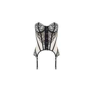 A black and white lace corset garter belt with a structured white mesh front, intricate black floral lace overlays, a central lace-up closure, and three attached black garter straps with gold-toned rings, shown against a plain white background.