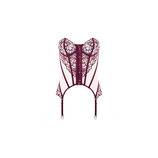 A white and deep burgundy lace corset garter belt with a central zipper and hanging straps, shown against a plain white background.