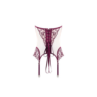 A white and deep burgundy lace corset with matching garter straps, shown from the back on a solid white background.