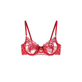 Red lace underwire bra with thin adjustable shoulder straps and a scalloped lace trim, shown flat against a plain white background.