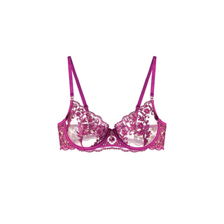 A magenta pink floral lace underwire bra with sheer mesh cups and adjustable shoulder straps, shown flat on a solid white background.