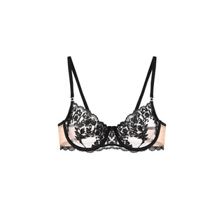 Black lace underwire bra with adjustable shoulder straps and sheer nude mesh panels, shown flat on a white background.