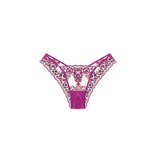 A magenta pink lace thong with a sheer floral lace overlay and solid fabric at the center, displayed flat against a plain white background.