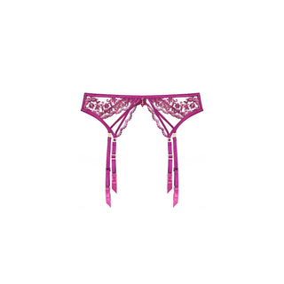 A magenta lace garter belt with matching suspender straps, displayed flat against a solid white background.