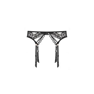 Black lace garter belt with floral lace detailing and three long hanging straps, shown flat against a solid white background.