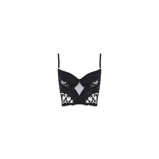 Black Lingerie Bustier suspended without model on a white background
