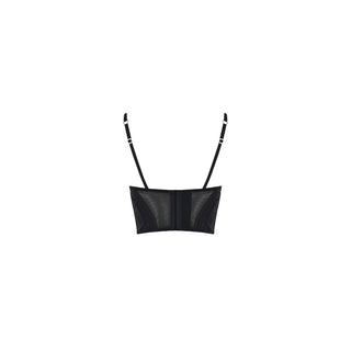 Back side of a Black color Lingerie Bustier suspended without model on a white background
