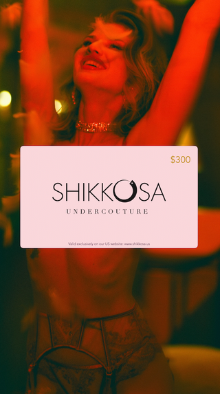 Shikkosa Undercouture gift card with a blurred background of a person in a red-themed setting.