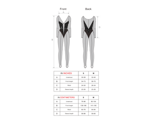 Measurement chart for a swimsuit with front and back views on a white background.