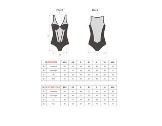 Front and back line drawings of a one-piece swimsuit with measurement labels, plus a size chart table in inches and centimeters for XXS through XXL.