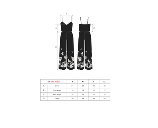 Jumpsuit drawing with measurement chart