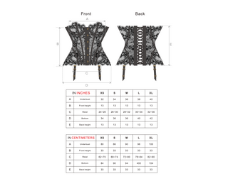 Measurement chart for a black lace corset with size chart on a white background