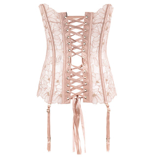 Ghost mannequin of the back side of a Lingerie corset in beige color in a white background
