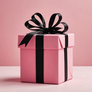 Pink gift box with a black ribbon on a pink background